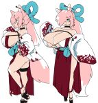  1girl animal_ears anklet blue_bow blue_eyes blue_ribbon bow breasts cleavage earrings fox_ears fox_girl fox_tail full_body hair_ribbon hand_up huge_breasts japanese_clothes jewelry kimono large_breasts long_hair long_sleeves needle original pink_fox_(zanamoria) pink_hair pink_tail red_kimono revealing_clothes ribbon sandals sash smile solo tail thigh_strap white_hair white_kim white_tail wide_sleeves zanamaoria 