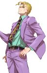  1boy belt blonde_hair closed_mouth collared_shirt diamond_wa_kudakenai formal green_eyes green_shirt jacket jojo_no_kimyou_na_bouken kira_yoshikage long_sleeves looking_at_viewer necktie pants pink_jacket pink_pants purple_necktie shirt short_hair simple_background smile solo soraao0322 white_background 