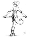  1-evil-lemur 2001 anthro barefoot barely_visible_breasts black_and_white breasts butt cat_girl feet felid female long_tail looking_back mammal monochrome nude prick_ears rear_view solo traditional_media_(artwork) 