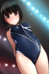  1girl absurdres arms_behind_back bangs black_hair blue_one-piece_swimsuit blush breasts brown_eyes closed_mouth highres looking_at_viewer matsunaga_kouyou one-piece_swimsuit original short_hair small_breasts solo swimsuit thighs 