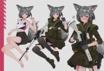  absurdres animal_ear_fluff animal_ears assault_rifle bare_shoulders barefoot bike_shorts blue_eyes blush boots breasts camouflage camouflage_jacket camouflage_skirt closed_mouth dagger embarrassed fox_ears fox_tail full_body gloves green_footwear green_jacket green_skirt grey_background grey_gloves grey_hair grey_skirt grey_thighhighs gun hair_ornament hairclip hand_up handgun highres holding holding_gun holding_weapon holster jacket knife looking_at_viewer miniskirt multiple_views original polilla rifle short_hair simple_background skirt small_breasts sportswear tail thigh_holster thigh_strap thighhighs trigger_discipline v-shaped_eyebrows weapon 