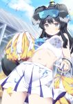 1girl animal_ears bare_shoulders black_hair blue_archive blue_sky blush breasts cheerleader cowboy_shot crop_top day dog_ears dog_girl dog_tail eyewear_on_head goggles goggles_on_head halo hibiki_(blue_archive) hibiki_(cheerleader)_(blue_archive) highres holding holding_pom_poms long_hair looking_at_viewer medium_breasts midriff miniskirt navel outdoors pleated_skirt pom_pom_(cheerleading) ponytail skirt sky sleeveless solo sunglasses tail takano_itsuki white_skirt 