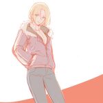  1girl blonde_hair blue_eyes blue_mary bob_cut casual denim fatal_fury fur_trim hands_in_pockets hood hoodie jacket jeans looking_at_viewer pants purple_jacket short_hair smile solo straight_hair sweater tb_(spr1110) the_king_of_fighters turtleneck turtleneck_sweater white_background 
