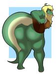  anthro big_breasts big_butt blonde_hair bottomless breasts butt clothed clothing crocodile crocodilian crocodylid digitalpelican female green_body green_scales hair hi_res huge_butt leaning leaning_forward looking_at_viewer looking_back narrowed_eyes partially_clothed presenting presenting_hindquarters reptile scales scalie scar sharp_teeth solo teeth thick_tail thick_thighs 