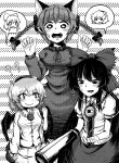  3girls animal_ears arm_cannon braid cat_ears chest_jewel fangs feathered_wings fingernails greyscale half-closed_eyes hands_up highres jitome kaenbyou_rin komeiji_satori kusiyan lineart monochrome multiple_girls open_mouth panicking personality_switch reiuji_utsuho spoken_character teeth third_eye touhou transparent_background twin_braids weapon wings 