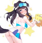  1girl animal_ears ass back bare_shoulders bent_over black_hair blue_archive blush breasts cheerleader crop_top dog_ears dog_girl dog_tail eyewear_on_head from_behind goggles goggles_on_head halo hibiki_(blue_archive) hibiki_(cheerleader)_(blue_archive) highres hoshi_usagi long_hair looking_at_viewer looking_back medium_breasts midriff pleated_skirt pom_pom_(cheerleading) skirt solo star_(symbol) sticker_on_face surprised tail thighs white_background 
