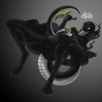  1:1 anthro big_butt black_body black_clothing black_scales butt claws clothed clothing dagger digital_drawing_(artwork) digital_media_(artwork) eyebrow_piercing eyelashes facial_piercing female glowing glowing_runes glowing_weapon gradient_background green_eyes grey_body grey_scales hairless hi_res long_tail magic melee_weapon monochrome multicolored_body multicolored_scales nose_piercing nose_ring partially_clothed piercing rashchaos reptile ring_piercing runes scales scalie sharp_claws simple_background smoke snake snake_girl spike_piercing spikes thick_tights weapon white_body white_scales 