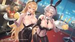  &gt;_&lt; 2girls :d animal_ears azur_lane bare_arms bare_shoulders between_breasts black_bow black_bowtie black_gloves black_leotard black_necktie black_panties blue_eyes bottle bow bowtie breasts brown_pantyhose cake candle champagne_flute cleavage collar commentary_request covered_navel cowboy_shot cuboon cup detached_collar drink drinking_glass elbow_gloves fake_animal_ears food glass gloves grey_hair hair_between_eyes highleg highleg_leotard highres holding holding_cake holding_food holding_tray indoors large_breasts leotard long_hair looking_at_viewer manjuu_(azur_lane) mole mole_on_breast multiple_girls necktie necktie_between_breasts north_carolina_(azur_lane) north_carolina_(the_heart&#039;s_desire)_(azur_lane) official_alternate_costume official_art open_mouth panties pantyhose playboy_bunny rabbit_ears see-through short_hair_with_long_locks single_elbow_glove smile suspenders table tray underwear washington_(azur_lane) white_collar wine_bottle wine_glass wrist_cuffs 