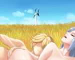  3girls aether_(genshin_impact) bird blonde_hair blue_sky caught closed_eyes cloud_retainer_(genshin_impact) crane_(animal) genshin_impact grass highres leg_lift luizhtx multiple_girls nature nude open_mouth outdoors peeking_out sex shaded_face shenhe_(genshin_impact) sky 