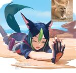  1boy ;d animal_ear_fluff animal_ears asymmetrical_sleeves blunt_ends desert english_commentary fangs fennec_fox fox_boy fox_ears fox_tail genshin_impact gloves gloves_removed green_eyes green_hair highres lu_luu99 lying male_focus multicolored_hair on_stomach one_eye_closed pouch reference_inset short_hair shoulder_cape smile streaked_hair stretching tail tighnari_(genshin_impact) yawning 