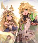  absurdres armor bare_shoulders blonde_hair blue_eyes breasts brother_and_sister cowlick dragalia_lost euden fingerless_gloves gloves gonzarez green_eyes highres large_breasts long_hair looking_at_viewer official_alternate_costume siblings smile twins very_long_hair zethia 
