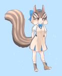  1girl adapted_costume blue_bow blue_bowtie blue_dress blush boots bow bowtie brown_dress brown_eyes brown_footwear brown_hair chipmunk_ears chipmunk_girl chipmunk_tail commentary_request dress full_body fur_collar hair_bow highres kemono_friends kemono_friends_3 kuromitsu_(9633_kmfr) light_brown_hair looking_at_viewer multicolored_clothes multicolored_dress multicolored_hair puffy_short_sleeves puffy_sleeves short_sleeves siberian_chipmunk_(kemono_friends) sidelocks smile socks solo white_dress white_fur white_hair white_socks 
