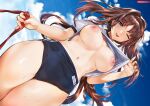  1girl ;p absurdres bangs blue_buruma blue_sky blush breasts breasts_apart breasts_out brown_hair buruma clothes_lift clothes_pull cloud day from_below gym_shirt gym_uniform hair_intakes highres holding holding_ribbon large_breasts lifted_by_self long_hair looking_at_viewer maria_(ogino_atsuki) melonbooks mole mole_under_eye navel nipples no_bra one_eye_closed original outdoors pink_nails pulled_by_self purple_eyes red_ribbon ribbon shirt shirt_lift shirt_pull short_sleeves sidelocks sky smile solo stomach sweat tongue tongue_out white_shirt yanyo_(ogino_atsuki) 