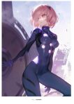  1girl absurdres bodysuit breasts fate/grand_order fate_(series) hair_over_one_eye highres holding holding_shield impossible_bodysuit impossible_clothes light_purple_hair looking_away lord_camelot_(fate) mash_kyrielight neon_genesis_evangelion parted_lips pilot_suit plugsuit purple_eyes rebuild_of_evangelion scan shield short_hair siino simple_background solo 