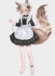  1boy absurdres alternate_costume animal_ears ankle_garter apron axescr bangs barefoot black_dress blonde_hair bow bowtie brown_eyes center_frills collared_dress commentary_request crossdressing dress eyelashes eyeshadow feet fox_ears fox_tail frilled_apron frilled_dress frills full_body granblue_fantasy hair_ornament hair_over_one_eye hair_ribbon hands_up highres kou_(granblue_fantasy) long_hair long_sleeves looking_at_viewer low_ponytail maid_apron maid_headdress makeup male_focus no_shoes one_eye_covered open_mouth otoko_no_ko parted_bangs ponytail red_eyeshadow ribbon sidelocks sleeve_cuffs smile solo standing tail toes white_apron white_background white_bow white_bowtie wing_collar 