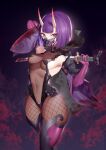  1girl absurdres blood blood_on_clothes blood_on_face blush bob_cut breasts elbow_gloves fangs fate/grand_order fate_(series) fishnet_pantyhose fishnets gloves highres horns jingb_dx katana leotard mask medium_breasts mouth_mask oni oni_horns pantyhose purple_eyes purple_hair see-through short_eyebrows shuten_douji_(fate) sideboob solo sword taimanin_(series) taimanin_suit thick_thighs thighhighs thighs weapon 
