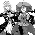  2girls braid cape dress evil_smile hat holding holding_weapon ken_(koala) magia_record:_mahou_shoujo_madoka_magica_gaiden magical_girl mahou_shoujo_madoka_magica monochrome multiple_girls open_mouth parted_lips sarasa_hanna sena_mikoto simple_background smile soul_gem weapon white_background 