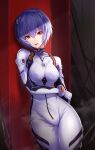  1girl against_wall ayanami_rei bangs blue_hair bodysuit breasts close-up covered_navel cowboy_shot crossed_bangs eyelashes hair_between_eyes hairpods highres interface_headset large_breasts looking_at_viewer navel neon_genesis_evangelion parted_lips plugsuit portrait re_(re_09) red_eyes short_hair simple_background solo white_bodysuit 