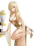  1girl arm_support azur_lane backless_outfit bare_shoulders blonde_hair bottle bracelet breasts center_opening closed_mouth dress earrings evening_gown glint gold_dress gold_footwear hair_over_one_eye high_heels highres jewelry large_breasts leg_up looking_at_viewer necklace nevada_(a_magnificent_banquet)_(azur_lane) nevada_(azur_lane) official_alternate_costume one_eye_covered pelvic_curtain plant potted_plant qing_wu removing_shoes revealing_clothes see-through sideboob simple_background sleeveless sleeveless_dress solo standing standing_on_one_leg star_(symbol) star_earrings table thigh_strap thighs white_background wine_bottle yellow_eyes 