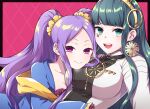  2girls absurdres breasts cleopatra_(fate) earrings facial_mark fate/grand_order fate_(series) green_eyes green_hair hairband head_on_chest highres jewelry large_breasts long_hair multiple_girls pendant purple_eyes purple_hair scrunchie smile twintails uto_hyou wu_zetian_(fate) 