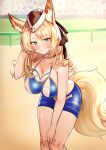  1girl animal_ear_fluff animal_ears arknights bangs bare_arms bare_shoulders bike_shorts black_headwear blue_shorts blush breasts closed_mouth day elsi feet_out_of_frame garrison_cap hand_in_own_hair hand_on_own_knee hand_up hat highres horse_ears horse_girl horse_tail large_breasts leaning_forward looking_at_viewer nipples outdoors see-through shorts skindentation smile solo stadium standing sweat swept_bangs tail thick_eyebrows v-shaped_eyebrows whislash_(arknights) 
