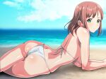  1girl arm_support ass back bare_arms bare_shoulders beach bikini blue_sky breasts brown_hair closed_mouth day from_side green_eyes hanging_breasts horizon large_breasts long_hair looking_at_viewer looking_to_the_side lying monteriakitto ocean on_ground on_stomach original outdoors skindentation sky smile solo swimsuit thighs underboob water white_bikini 