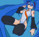  1girl arm_tattoo bangs black_footwear blue_background blue_eyes blue_hair blue_nails bone_nig boots collared_leotard commentary covered_navel detached_sleeves hair_between_eyes hatsune_miku highres leotard long_hair lying necktie on_back orange_necktie solo tattoo thigh_boots very_long_hair vocaloid white_leotard 