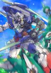  00_qan[t] blue_eyes extra_eyes fighting glowing glowing_eyes green_eyes gundam gundam_00 gundam_00_a_wakening_of_the_trailblazer highres holding holding_sword holding_weapon looking_at_viewer mecha mecha_request mobile_suit motion_blur ni~tsu_kashi no_humans robot sky sword v-fin weapon 