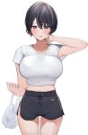  1girl absurdres armpits bag bangs beer_can black_hair black_shorts blush bra_visible_through_clothes can cowboy_shot crop_top dolphin_shorts embarrassed hand_on_own_neck highres holding holding_bag looking_at_viewer midriff mole mole_on_arm mole_on_neck mole_on_thigh mole_under_eye mole_under_mouth oji_fuguri open_mouth original plastic_bag purple_eyes shirt short_hair short_shorts short_sleeves shorts side_slit simple_background skindentation solo straight-on sweat t-shirt white_background white_shirt 