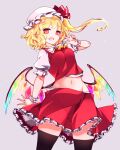  ascot blonde_hair collared_shirt crystal fang flandre_scarlet frilled_shirt_collar frilled_skirt frilled_sleeves frills hat highres medium_hair mob_cap one_side_up puffy_short_sleeves puffy_sleeves raptor7 red_eyes red_skirt red_vest shirt short_sleeves skirt skirt_set slit_pupils touhou vest white_headwear white_shirt wings wrist_cuffs yellow_ascot 