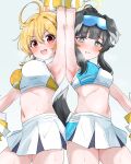  2girls ahoge animal_ears armpits bangs black_hair blonde_hair blue_archive blue_eyes blush braid breasts cheerleader crop_top dog_ears dog_girl dog_tail eyewear_on_head goggles goggles_on_head gradient gradient_background grey_background halo hibiki_(blue_archive) hibiki_(cheerleader)_(blue_archive) highres holding holding_pom_poms kotori_(blue_archive) long_hair looking_at_viewer machismo_fuji medium_breasts midriff miniskirt multiple_girls navel open_mouth pleated_skirt pom_pom_(cheerleading) red_eyes shirt skirt sleeveless smile sticker_on_face sweat tail wet white_skirt 