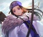  1girl ainu ainu_clothes asirpa at4190_(user_vzac7788) bow_(weapon) cloud cloudy_sky coat earrings fur_collar golden_kamuy headband highres holding holding_bow_(weapon) holding_weapon jewelry lips long_hair long_sleeves looking_at_viewer outdoors parted_lips purple_eyes sky solo weapon white_coat winter_clothes winter_coat 