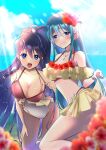  1girl absurdres aqua_hair ass azusa_(azchemist63) bare_shoulders bikini blue_eyes blue_hair braid breasts cleavage collarbone covered_navel eirika_(fire_emblem) fire_emblem fire_emblem:_the_sacred_stones fire_emblem_heroes flower hibiscus highres jewelry large_breasts leaning_forward long_hair looking_at_viewer medium_breasts necklace official_alternate_costume one-piece_swimsuit ponytail skirt_hold smile sunlight swimsuit tana_(fire_emblem) twin_braids twintails two-tone_bikini very_long_hair white_one-piece_swimsuit yellow_bikini 