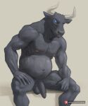  2021 annoyed anthro balls black_body blue_eyes bovid flaccid foreskin genitals hand_on_leg hi_res horn humanoid_genitalia looking_aside male mammal mouth_closed musclegut nipples nude pecs penis pngx_(artist) simple_background sitting solo tagme 