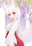  1girl animal_ears bangs blurry blurry_foreground breasts closed_mouth fox_ears fox_girl fox_tail from_side hakama hakama_skirt highres japanese_clothes kimono long_hair looking_at_viewer medium_breasts miko original purple_background red_eyes red_hakama skirt solo tail too_co_7020 upper_body white_hair white_kimono wide_sleeves 