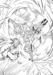  2girls breasts detached_sleeves dress fox_tail garter_straps greyscale highres hololive large_breasts long_hair monochrome motion_blur multiple_girls omaru_polka ponytail shiranui_flare spinning tail thighhighs virtual_youtuber yatteyattaze 