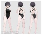  1girl adjusting_clothes adjusting_swimsuit ass barefoot black_eyes black_hair black_one-piece_swimsuit breasts commission competition_swimsuit covered_navel e_draw_paint from_behind full_body large_breasts looking_at_viewer multiple_views one-piece_swimsuit short_hair standing swimsuit 