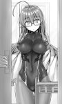  ahoge ass_visible_through_thighs bangs basket blush breasts closed_mouth covered_collarbone covered_navel glasses greyscale hair_ribbon highres impossible_clothes impossible_leotard indoors kotatsu_(kotatsu358) large_breasts leotard long_hair looking_at_viewer monochrome neet_de_otaku_na_kunoichi_to_naze_ka_dousei_hajimemashita off_shoulder open_door pantyhose ribbon shizuri_(neet_de_otaku_na_kunoichi_to_naze_ka_dousei_hajimemashita) thigh_gap tress_ribbon undressing walk-in 