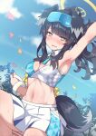  1girl animal_ears armpits black_hair blue_archive blue_sky blush breasts cheerleader cleavage cloud confetti crop_top day dog_ears dog_girl dog_tail eyewear_on_head goggles goggles_on_head halo hibiki_(blue_archive) hibiki_(cheerleader)_(blue_archive) highres long_hair looking_at_viewer medium_breasts midriff navel outdoors pleated_skirt pom_pom_(cheerleading) ponytail shinopoko skirt sky solo sweat tail white_skirt 