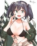  1girl alternate_costume bikini black_hair blue_eyes breasts checkered_flag commentary_request cowboy_shot flag front-tie_bikini_top front-tie_top green_jacket highres jacket kantai_collection large_breasts long_hair looking_at_viewer matsunaga_(haku) race_queen shorts simple_background solo souryuu_(kancolle) swimsuit twintails white_background white_shorts 