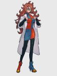  1girl android_21 checkered_clothes checkered_dress dragon_ball dragon_ball_fighterz dress full_body glasses kemachiku labcoat long_hair looking_at_viewer red_hair solo standing 