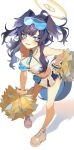  1girl absurdres animal_ears bangs bare_shoulders black_hair blue_archive blue_eyes blush breasts cheerleader cleavage dog_ears dog_girl dog_tail eyewear_on_head goggles goggles_on_head halo hamita_(rikopin_ika) hibiki_(blue_archive) hibiki_(cheerleader)_(blue_archive) highres holding holding_pom_poms jewelry leaning_forward long_hair looking_at_viewer medium_breasts midriff miniskirt navel open_mouth pom_pom_(cheerleading) shoes skirt sleeveless sneakers solo sunglasses tail 