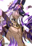  1boy abs animal_ears animal_hat arabian_clothes artist_name black_choker choker claws closed_mouth collarbone cyno_(genshin_impact) dark-skinned_male dark_skin fang genshin_impact glowing glowing_eye gold_trim grin hand_up hat highres jackal_ears jewelry long_hair looking_at_viewer male_focus navel necklace ngkhyn purple_headwear purple_ribbon red_eyes ribbon short_sleeves sidelocks signature smile solo stomach teeth upper_body watermark white_background white_hair 