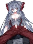  1girl bow breasts fujiwara_no_mokou hair_between_eyes hair_bow highres long_hair looking_down medium_breasts navel no_bra open_clothes open_fly pants partially_unbuttoned red_eyes red_pants shirt solo spread_legs suspenders touhou very_long_hair vivo_(vivo_sun_0222) white_background white_hair white_shirt 