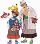  2boys ash_ketchum backpack bag baseball_cap beard black_hair blue_footwear blue_kimono brown_eyes brown_hair character_doll character_request cosmog dark-skinned_male dark_skin facial_hair goggles green_footwear grey_headwear grey_jacket grin hakusai_(tiahszld) hands_in_pockets hat incineroar jacket japanese_clothes kimono kukui_(pokemon) litten long_sleeves lycanroc lycanroc_(dusk) male_focus multiple_boys on_head open_clothes open_jacket pikachu pokemon pokemon_(anime) pokemon_sm_(anime) red_headwear rotom rotom_dex rowlet shoes simple_background smile standing white_background white_kimono wide_sleeves 