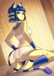  1girl animal_crossing animal_ears ankha_(animal_crossing) ass bandages bandeau bangs bare_arms bare_shoulders barefoot blue_eyes blue_hair blunt_bangs bob_cut breasts cat_ears cat_tail chest_sarashi commentary furry hieroglyphics highres jellypon looking_at_viewer medium_breasts midriff revision sarashi seiza short_hair sitting solo strapless tail thighlet thighs tube_top usekh_collar 