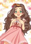  1girl blush breasts brown_hair dress drill_hair flower green_eyes hair_flower hair_ornament idolmaster idolmaster_cinderella_girls kusakabe_wakaba open_mouth pink_dress small_breasts smile solo wavy_hair yakou_kino 