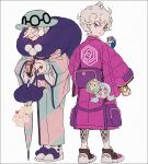  1boy 1girl alcremie bede_(pokemon) black_footwear black_gloves blue_eyes blue_headwear blue_kimono closed_mouth closed_umbrella duosion eyeshadow fur_collar gloves great_ball grey_hair hakusai_(tiahszld) hat hattrem holding holding_poke_ball holding_umbrella jacket japanese_clothes kimono long_nose long_sleeves looking_at_viewer looking_back makeup milcery nail_polish old old_woman opal_(pokemon) pink_gloves pink_kimono poke_ball pokemon pokemon_(game) pokemon_swsh purple_eyes purple_eyeshadow purple_jacket purple_nails red_lips shoes simple_background single_glove smile socks standing umbrella v-shaped_eyebrows watch white_background white_socks wide_sleeves wristwatch 
