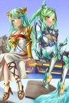  2girls absurdres alternate_hairstyle armlet bangs belt breasts chest_jewel chiton cosplay costume_switch crossover dress earrings forehead_jewel gloves green_eyes green_hair hairstyle_switch high_heels highres jewelry kid_icarus large_breasts laurel_crown long_hair multiple_belts multiple_girls palutena pendant pneuma_(xenoblade) ponytail sandals side_slit single_thighhigh strapless strapless_dress swept_bangs thighhighs tiara vambraces very_long_hair white-paka xenoblade_chronicles_(series) xenoblade_chronicles_2 