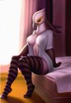  accipitriform aggressive_retsuko anthro aozee avian bed big_breasts bird breasts clothed clothing female furniture hi_res legwear open_clothing open_shirt open_topwear sanrio secretary_bird secretary_washimi shirt sitting solo thigh_highs topwear 